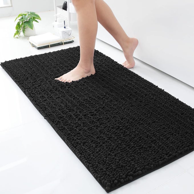 LUXURY CHENILLE BATHROOM RUG MAT EXTRA SOFT THICK ABSORBENT SHAGGY BATH RUGS NONSLIP MACHINE WASH DRY PLUSH BATH MATS FOR BATHROOM SHOWER AND TUB 47X24 BLACK