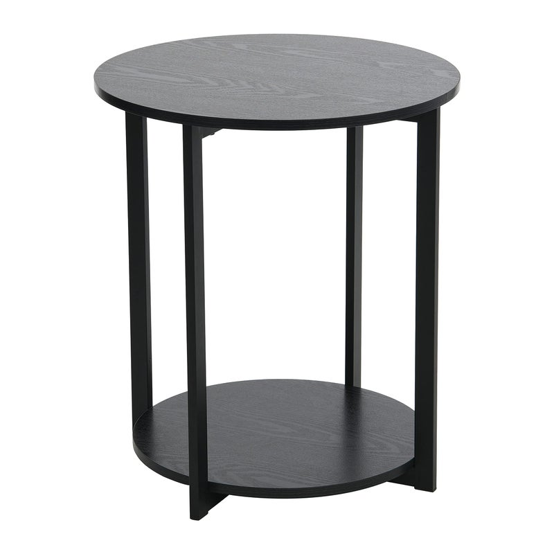 Household Essentials Jamestown Round Side End Table with Storage Shelf Black Oak Wood Grain and Black Metal