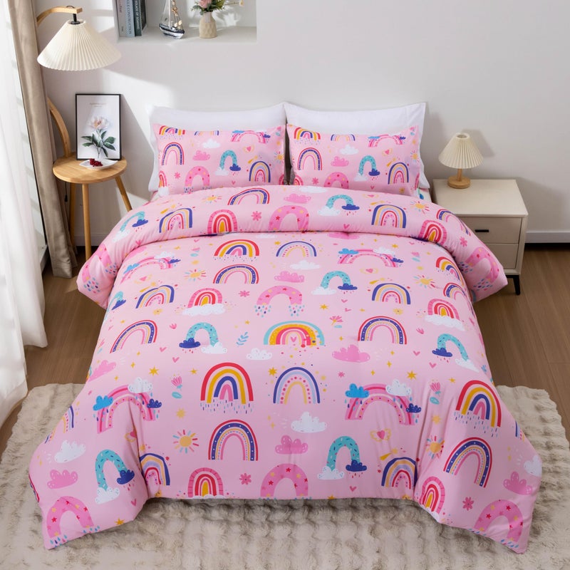 Btargot Lightweight Soft 3 Piece Rainbow Comforter Set with 2 Pillow Covers, Cartoon Love Hearts Suns and Stars Bedding Set for Girls Boys Kids, Full Light Pink - Image 1