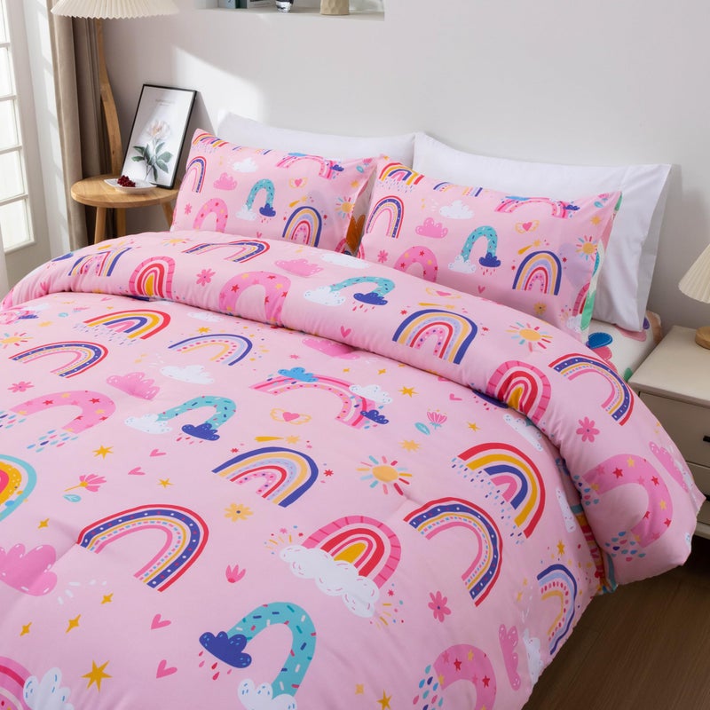 Btargot Lightweight Soft 3 Piece Rainbow Comforter Set with 2 Pillow Covers, Cartoon Love Hearts Suns and Stars Bedding Set for Girls Boys Kids, Full Light Pink - Image 3