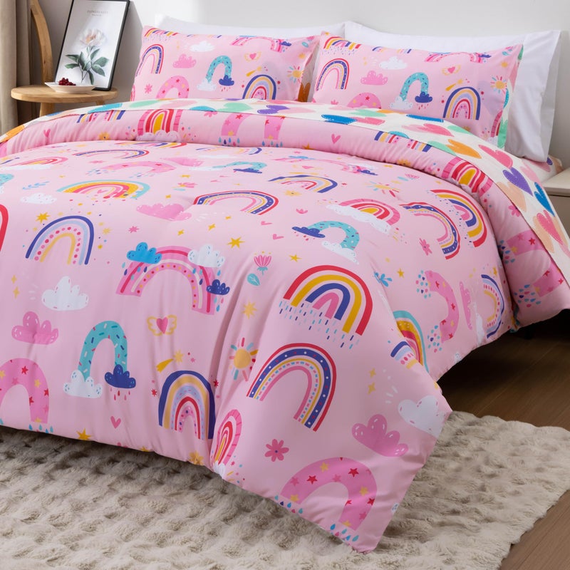 Btargot Lightweight Soft 3 Piece Rainbow Comforter Set with 2 Pillow Covers, Cartoon Love Hearts Suns and Stars Bedding Set for Girls Boys Kids, Full Light Pink - Image 5
