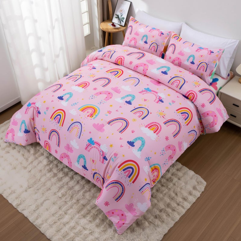 Btargot Lightweight Soft 3 Piece Rainbow Comforter Set with 2 Pillow Covers, Cartoon Love Hearts Suns and Stars Bedding Set for Girls Boys Kids, Full Light Pink - Image 2