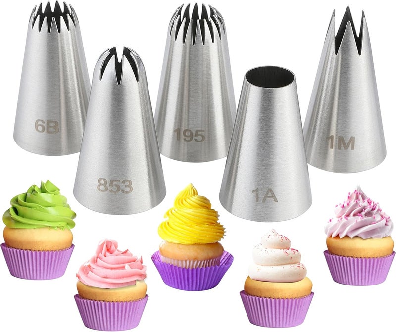 COKUMA 5PCS Large Piping Tips Set, Stainless Steel Cake Decorating Tips, Frosting Icing Tips for Cupcakes, Cake, Cookie and Decorating (Dishwasher Safe) - Image 1
