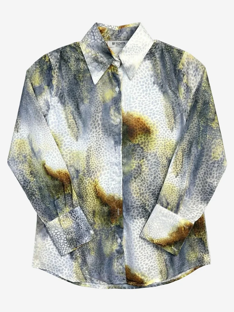 My Fashion Grey MY FASHION Abstract Print Buttoned Long Sleeve Shirt for Women | Best Price UAE