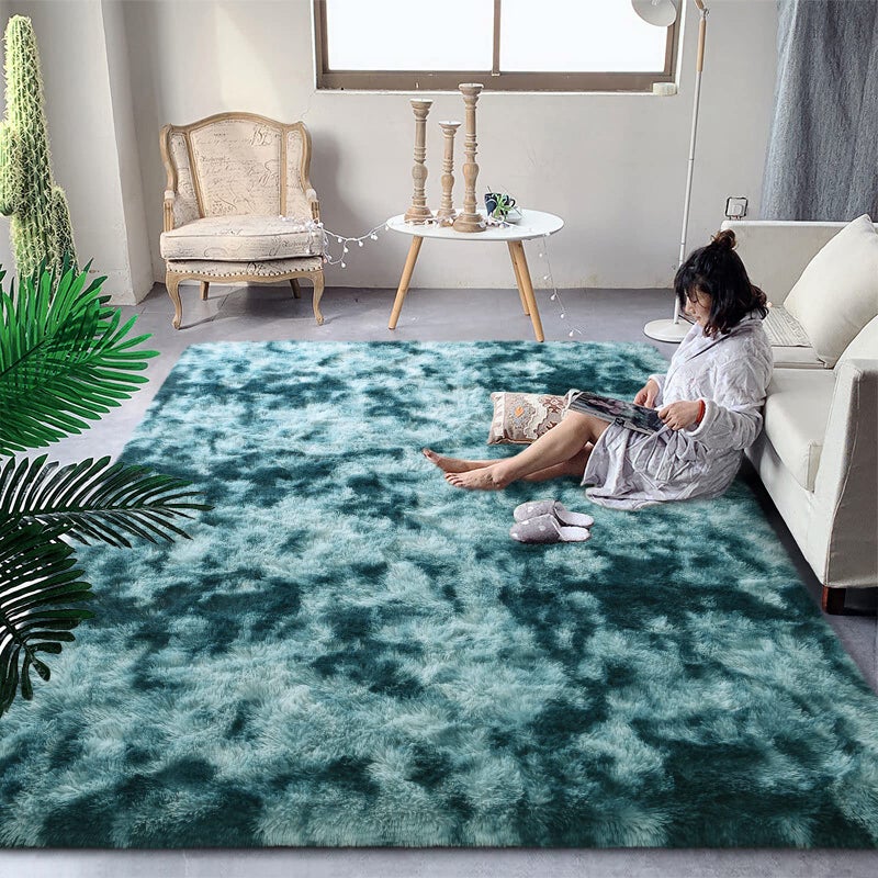 DweIke Fluffy Peacock Blue Rugs for Bedroom Living Room 6x9 Large Soft Plush Shaggy TieDyed Teal Blue Girls Boys Kids Rug Upgraded NonSlip and Machine Washable Carpet for Dorm Nursery Decor