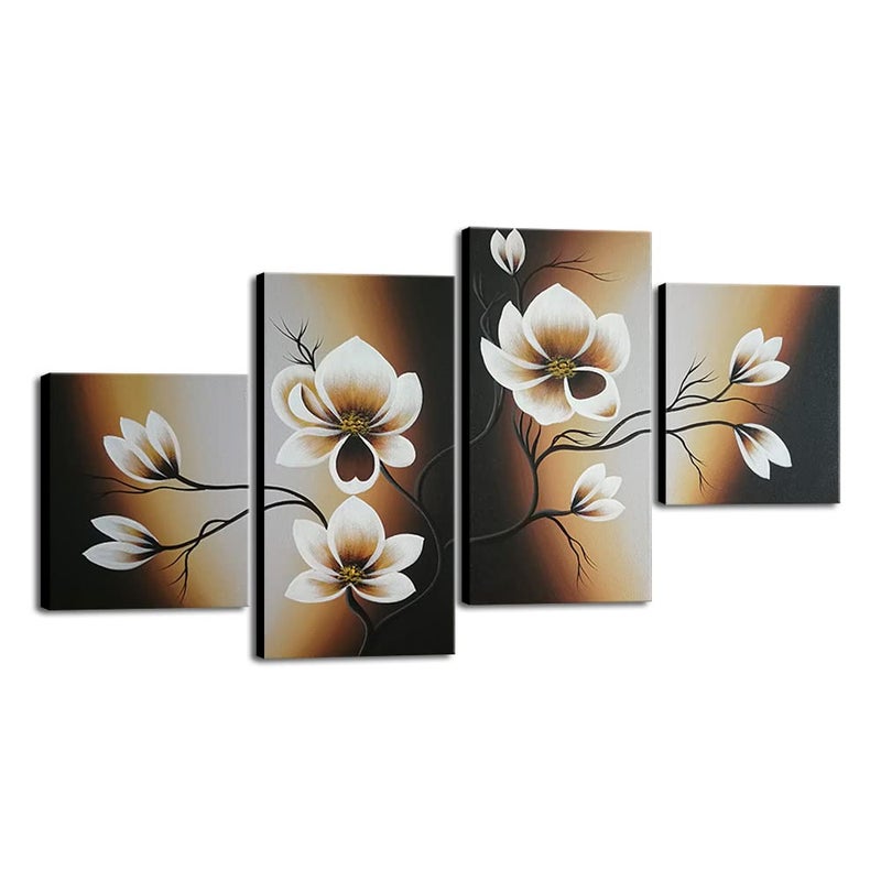Wieco Art 100% Hand-painted Abstract Floral Oil Painting on Canvas Warm Day Yellow Flowers Bloom Ready to Hang for Living Room Bedroom Home Decorations 4pcs/set - Image 1