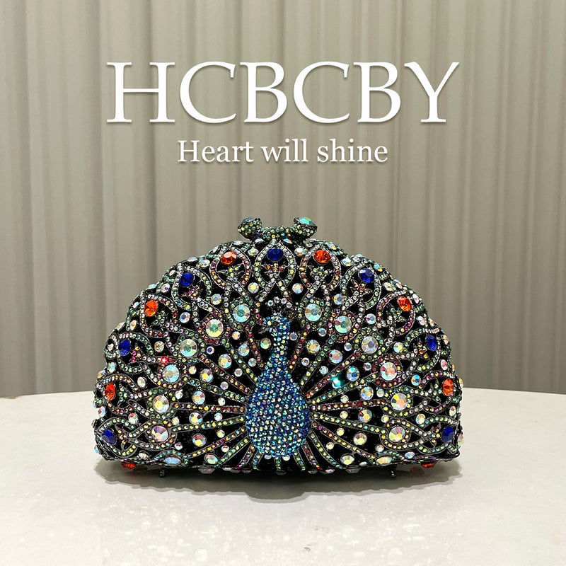 Black Peacock Open Screen Diamond Handbag Evening Bag Banquet Luxury Full Diamond Bag Clutch - Image 2