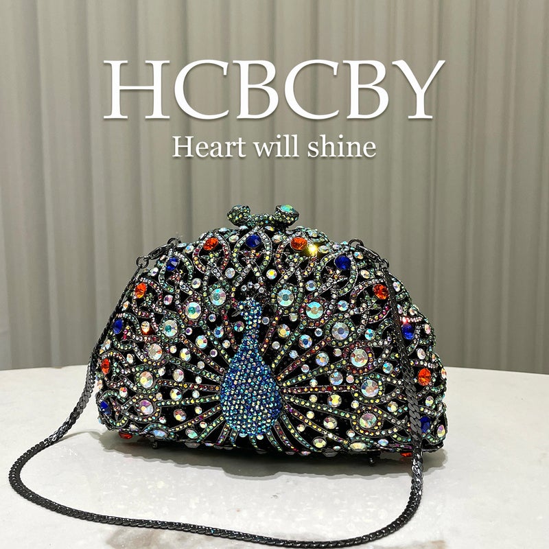Black Peacock Open Screen Diamond Handbag Evening Bag Banquet Luxury Full Diamond Bag Clutch - Image 3