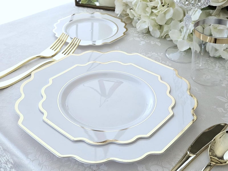 OCCASIONS FINEST PLASTIC TABLEWARE " OCCASIONS " 50 Plates Pack (25 Guests)-Heavyweight Wedding Party Disposable Plastic Plate Set -(25x10.5'' Dinner + 25x8'' Salad/Dessert) (Imperial White & Gold) - Image 3
