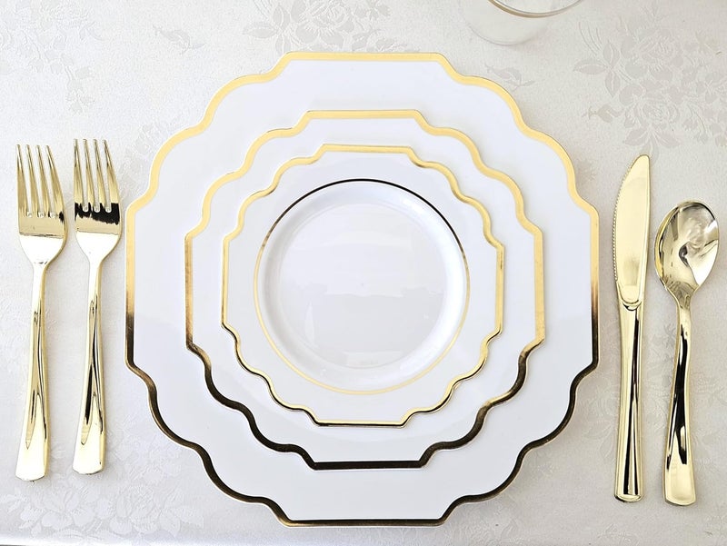 OCCASIONS FINEST PLASTIC TABLEWARE " OCCASIONS " 50 Plates Pack (25 Guests)-Heavyweight Wedding Party Disposable Plastic Plate Set -(25x10.5'' Dinner + 25x8'' Salad/Dessert) (Imperial White & Gold) - Image 4