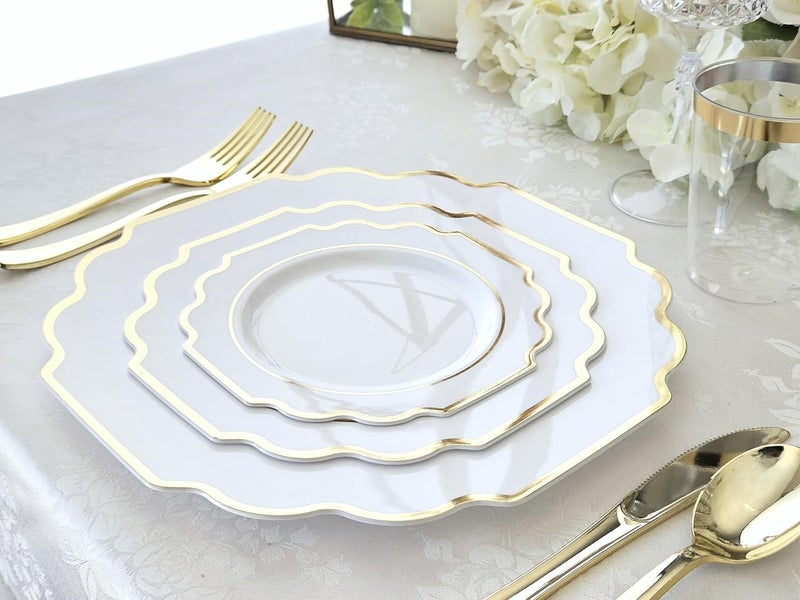 OCCASIONS FINEST PLASTIC TABLEWARE " OCCASIONS " 50 Plates Pack (25 Guests)-Heavyweight Wedding Party Disposable Plastic Plate Set -(25x10.5'' Dinner + 25x8'' Salad/Dessert) (Imperial White & Gold) - Image 2
