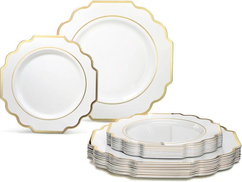 OCCASIONS FINEST PLASTIC TABLEWARE " OCCASIONS " 50 Plates Pack (25 Guests)-Heavyweight Wedding Party Disposable Plastic Plate Set -(25x10.5'' Dinner + 25x8'' Salad/Dessert) (Imperial White & Gold) - Image 1