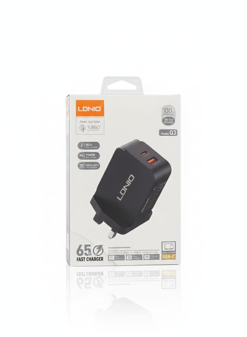 لدنيو شاحن لدنيو LDNIO Q3 بقوة 65 واط تقنية GaN – منفذين USB-C ومنفذ USB-A للشحن السريع - Image 1