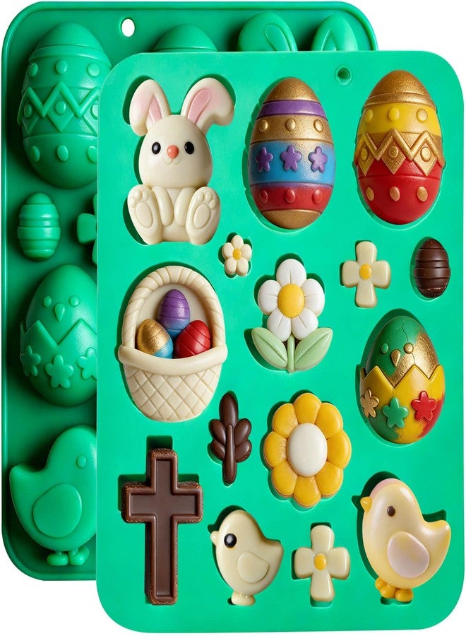 Wavlakth Easter Silicone Chocolate Molds 2-Pack, 30 Cavity Bunny Egg Flower Basket Baking Molds for Candy Cake Pop Rabbit Jello Cookie Ice Cube Resin Soap Candle Mould for Easter St Patrick's Day Spring Treats - Image 1