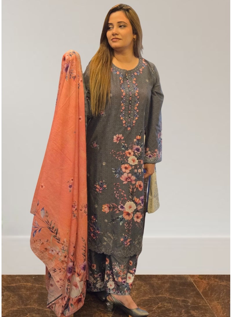Winchell's Dark Grey Floral Printed 3-Piece Lawn Suit with Peach Dupatta - Medium - Image 1