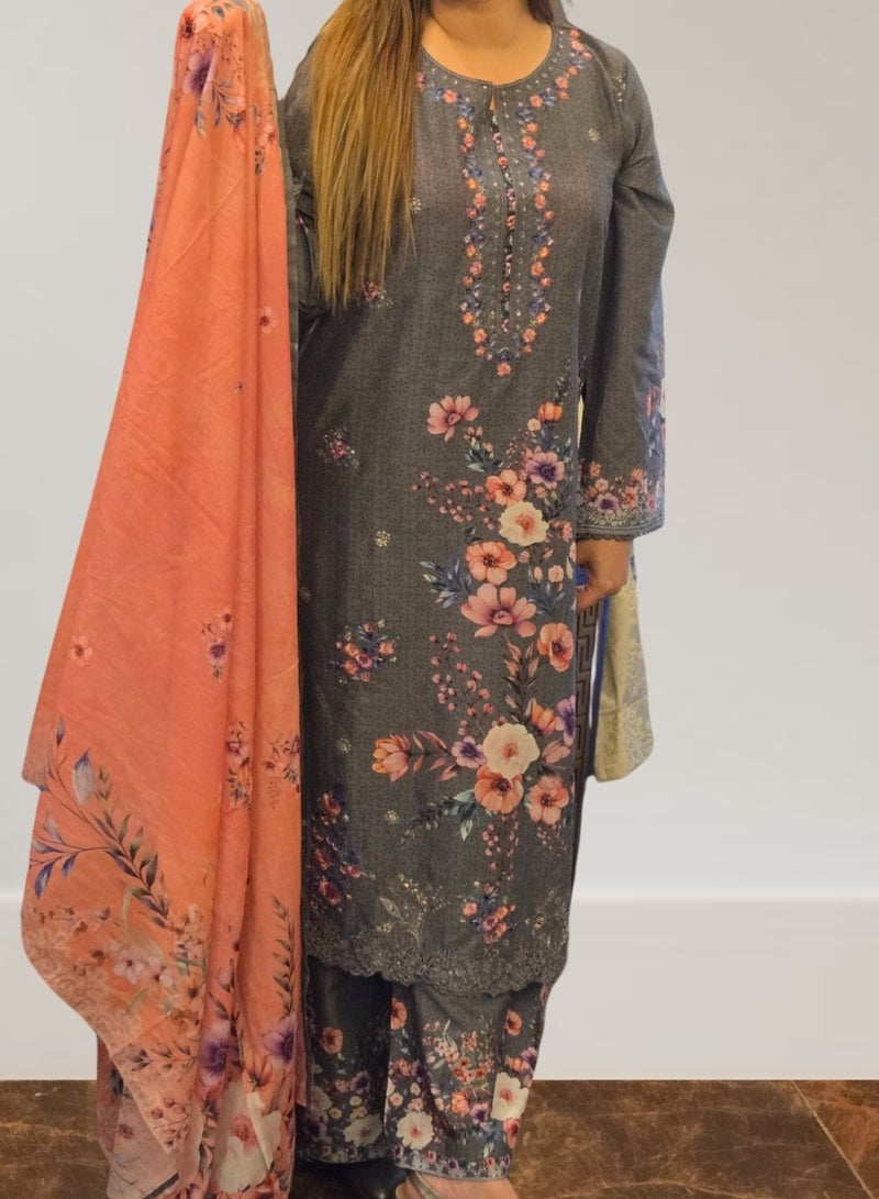 Winchell's Dark Grey Floral Printed 3-Piece Lawn Suit with Peach Dupatta - Medium - Image 2