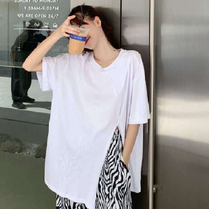 Summer new suit womens Korean version of loose split short sleeve t-shirt + fashion trend striped wide leg pants two-piece set One-Piece White T-Shirt 