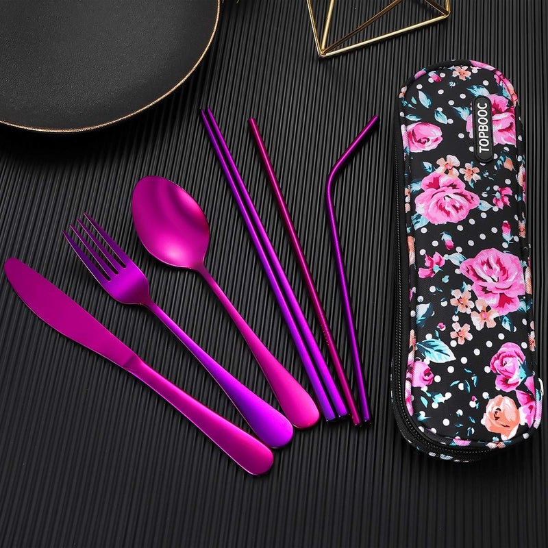 Topbooc Travel Utensils,Reusable Silverware Set To Go Portable Cutlery Set with a Waterproof Carrying Case for Lunch Boxes Workplace Camping Picnic (Purple) - Image 3