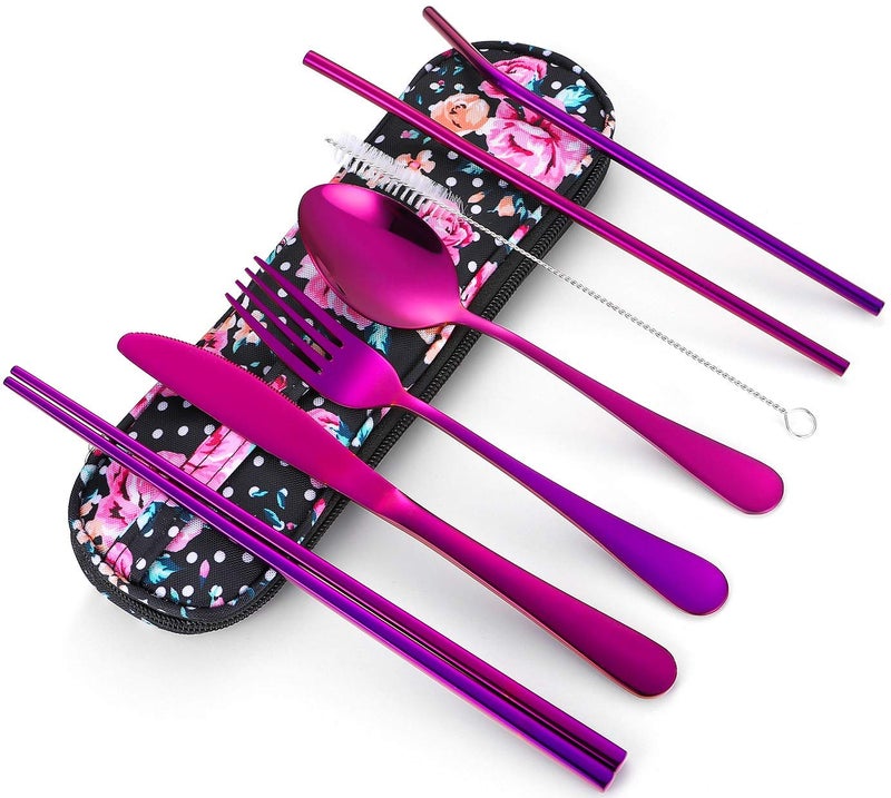 Topbooc Travel Utensils,Reusable Silverware Set To Go Portable Cutlery Set with a Waterproof Carrying Case for Lunch Boxes Workplace Camping Picnic (Purple) - Image 1