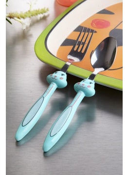Mor Bebe Purple Bebe Baby 3 Piece Children's Fork Spoon and Food Plate Set with Rabbit Figure Baby Plate Fork Spoon Set (Blue)  - Image 3