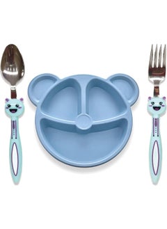 Mor Bebe Purple Bebe Baby 3 Piece Children's Fork Spoon and Food Plate Set with Rabbit Figure Baby Plate Fork Spoon Set (Blue)  - Image 1