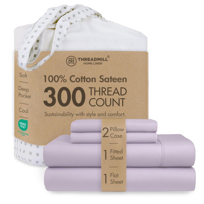 Threadmill 100% Cotton Sheets for King Size Bed | 4 Pc King Bed Sheets Set | Soft, Breathable Lightweight Solid Sateen for All-Season Use | Snug Fit Elastic Deep Pocket King Sheets | Lilac - Image 1