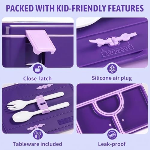 rockpapa Chill Bento Box for Kids- Large 5.5 Cups Lunch Box with Ice Pack - 5 Compartments, BPA-Free, Leak Proof, with Utensils & Portable Handle, Microwave/Dishwasher Safe (Purple Mermaid) - Image 4