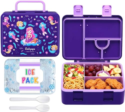 rockpapa Chill Bento Box for Kids- Large 5.5 Cups Lunch Box with Ice Pack - 5 Compartments, BPA-Free, Leak Proof, with Utensils & Portable Handle, Microwave/Dishwasher Safe (Purple Mermaid) - Image 1