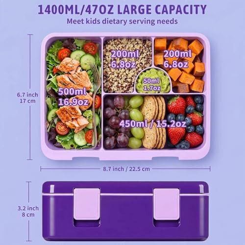 rockpapa Chill Bento Box for Kids- Large 5.5 Cups Lunch Box with Ice Pack - 5 Compartments, BPA-Free, Leak Proof, with Utensils & Portable Handle, Microwave/Dishwasher Safe (Purple Mermaid) - Image 2
