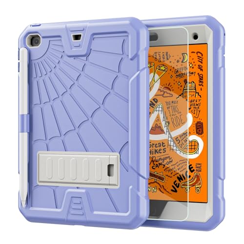 TSQQST iPad mini Case 5th Generation for Kids with Pencil Holder | iPad mini 5 Case with Glass Screen Protector 2019 | Shockproof Rugged Case for iPad mini 4 Case with Stand | Purple - Image 1