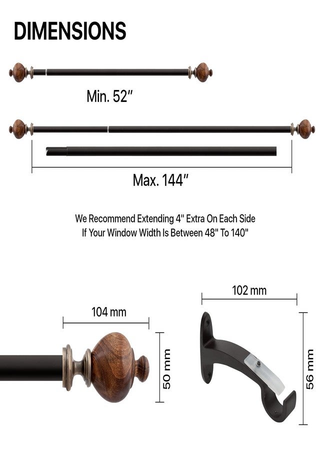 Deco Window Adjustable Brown Curtain Rods for Windows 44 to 120 Inch Decorative Heavy Duty 1 Inch Drapery Rods with Natural Wood Finials - Image 5