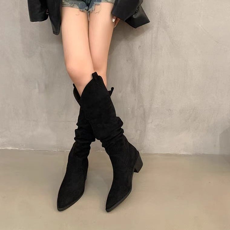 French Retro Brown Heap Boots Western Cowboy Boots High Boots Women Boots Small Khaki Boots - Image 3