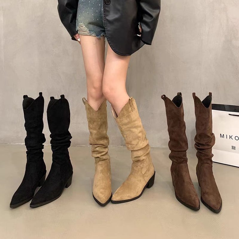 French Retro Brown Heap Boots Western Cowboy Boots High Boots Women Boots Small Khaki Boots - Image 2