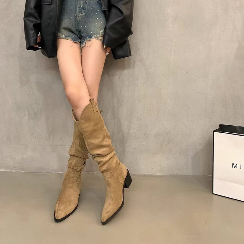 French Retro Brown Heap Boots Western Cowboy Boots High Boots Women Boots Small Khaki Boots - Image 1