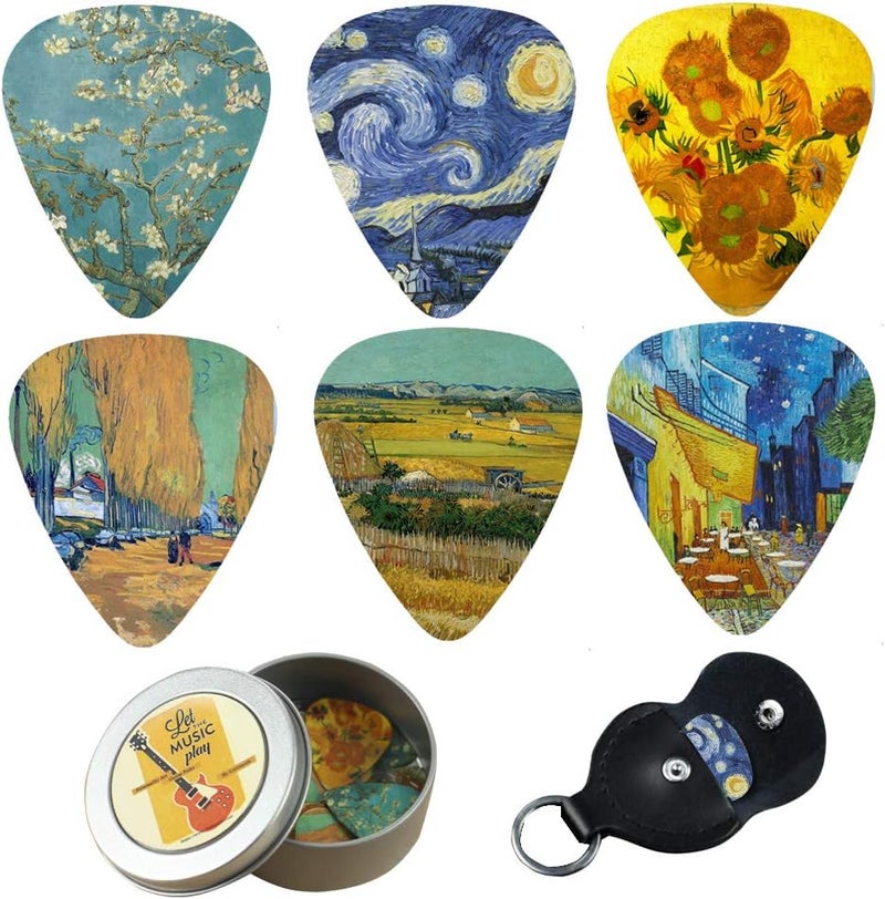 Estaur Guitar Picks - Cheliz 12 Medium Gauge Celluloid Guitar Picks In a Box W/Picks Holder. Unique Guitar Gift For Bass, Electric & Acoustic Guitars (Van Gogh) - Image 1