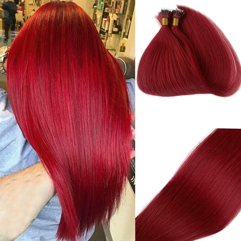 Burgundy Nano Ring Hair Extensions Real Human HairBurgundy Silky Straight Nano Bead Hair Hair Nano Tip Human Hair Extensions Pre Bonded Tipped Hair Cold Fushion Micro Ring 50g 1gs 16Inch Wine Red