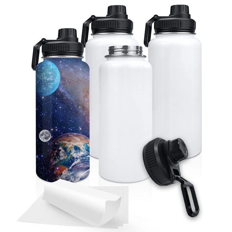 XccMe 32oz Stainless Steel Sublimation Sports Water BottleInsulated Thermos Mugs with Shrink Wrap Films and Wide Mouth LidDouble Wall Vacuum Tumbler Keeps Liquids Hot or Cold White 4 PACK