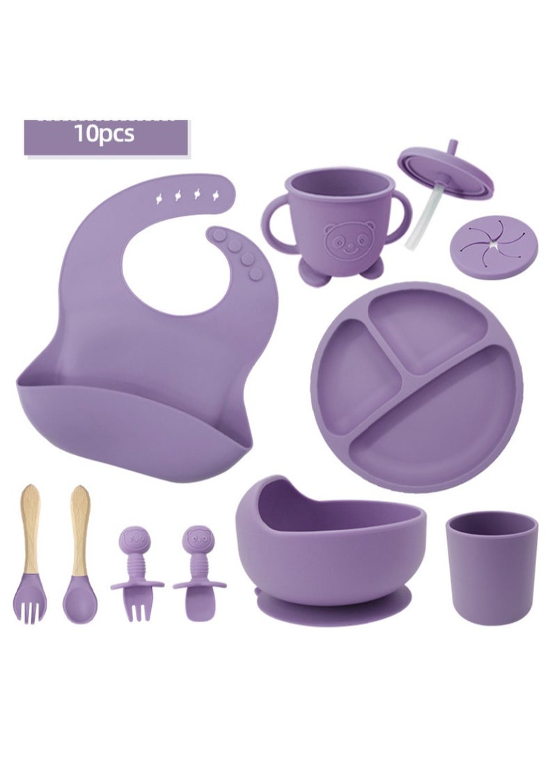 Premium Purple 10 Piece Weaning Feeding Supplies for Toddlers! Bib+Plate+Suction Silicone Baby Bowls! Self Eating Utensils Set with Spoons, Bibs, Plate, Toddlers Spoon Set! Set of 10! - Image 1