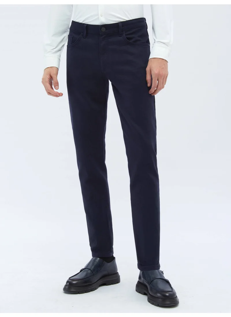 Kip Navy Blue Woven Slim Fit Casual Cotton Blend Trousers