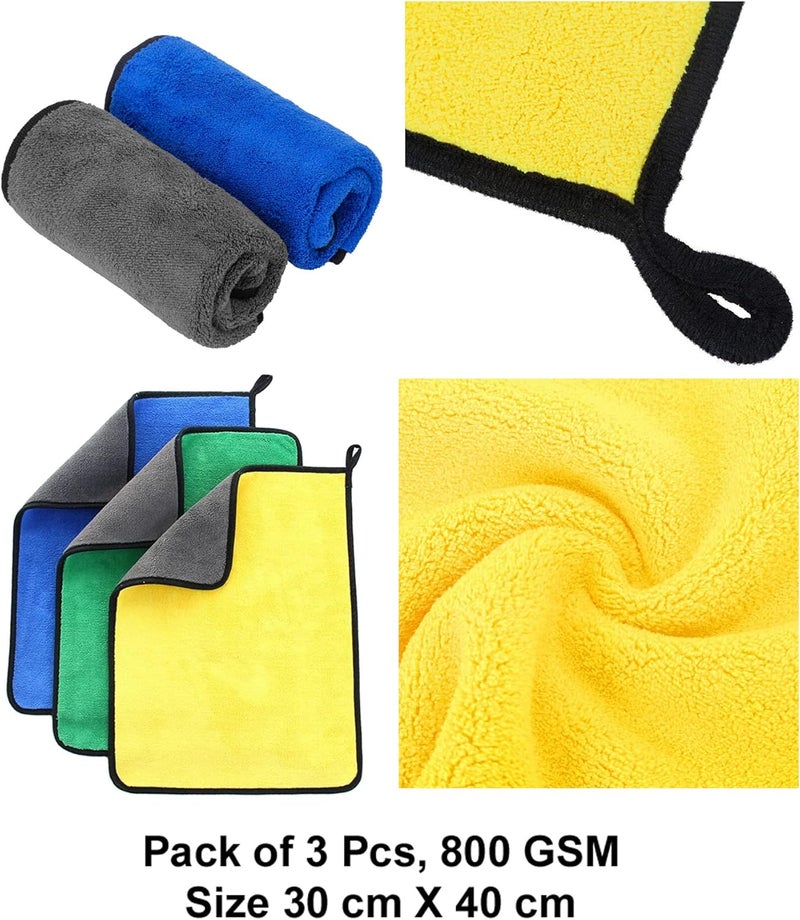 ماكس قماش مايكروفايبر من ماكس لتنظيف السيارات (800 GSM، عبوة من 3 قطع، مقاس: 30 × 40 سم) منشفة مزدوجة الوجه، سميكة جدًا وفاخرة لتلميع وتنظيف وغسل السيارات، اللون: أصفر، أزرق، أخضر - Image 2