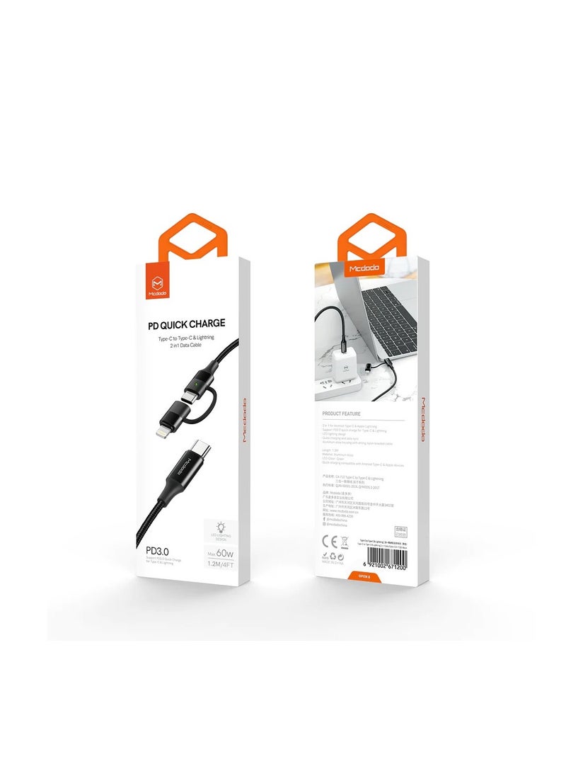 Mcdodo - Cable Atom Series 2 in 1 Type-C to Lightning+Type-C 1.2m with LED - Image 1