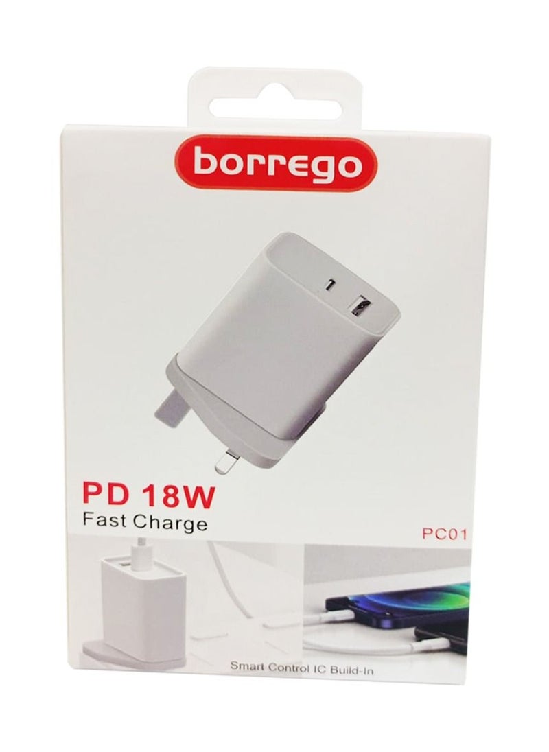 borrego - شاحن سريع PC01 PD 18 وات مع USB A + USB C، أبيض - Image 1