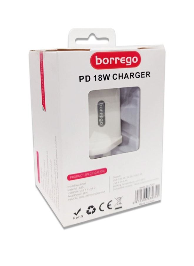 borrego - شاحن سريع PC01 PD 18 وات مع USB A + USB C، أبيض - Image 1