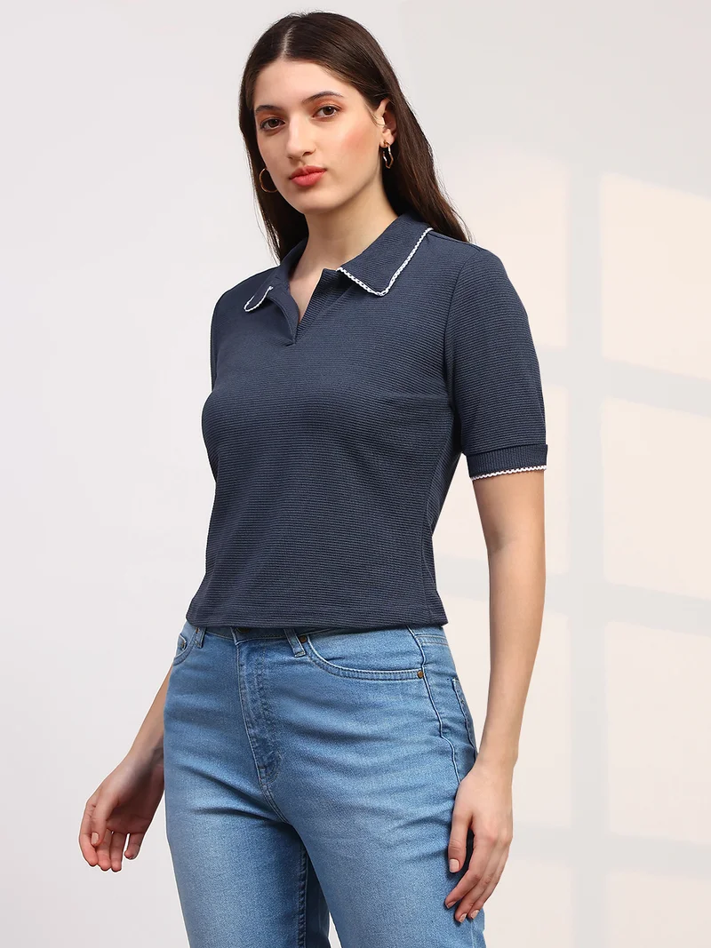 globus Globus Women Blue Self Design Short Sleeve Collared Neck Lace Detail Top