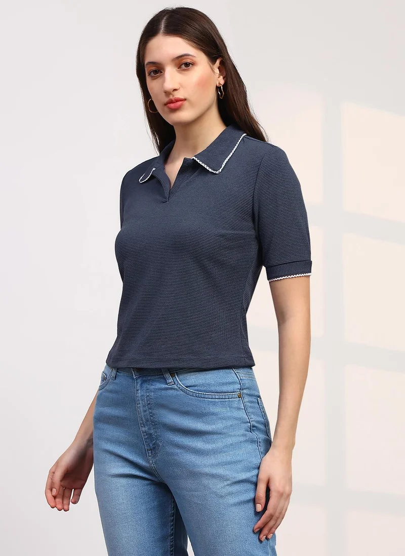 globus Globus Women Blue Self Design Short Sleeve Collared Neck Lace Detail Top