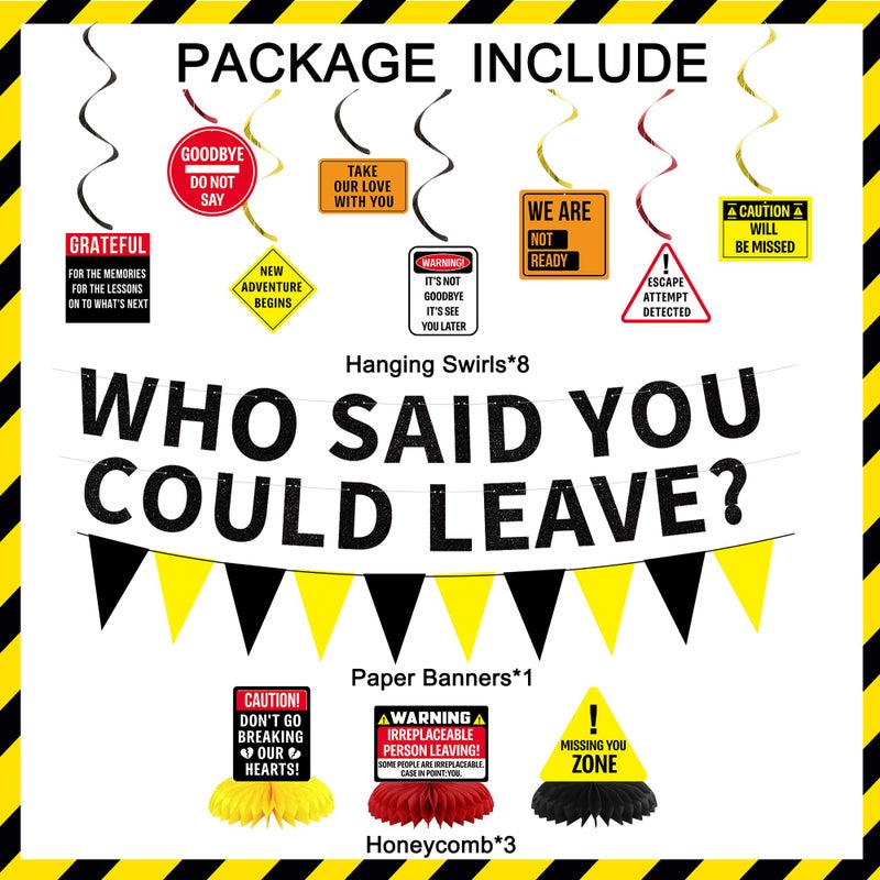 Roetyce Farewell Party Decorations Men Women, Caution Who Said You Could Leave Banner Hanging Swirl Centerpieces, Going Away Retirement Goodbye Party Supplies, Coworker Miss You Leaving Photo Backdrop - Image 2