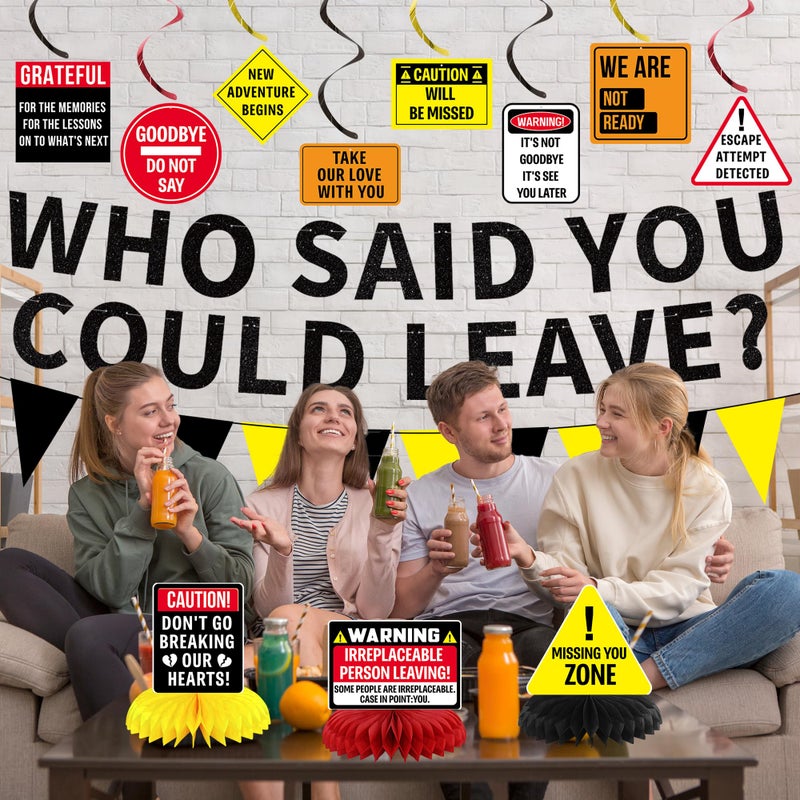Roetyce Farewell Party Decorations Men Women, Caution Who Said You Could Leave Banner Hanging Swirl Centerpieces, Going Away Retirement Goodbye Party Supplies, Coworker Miss You Leaving Photo Backdrop - Image 5