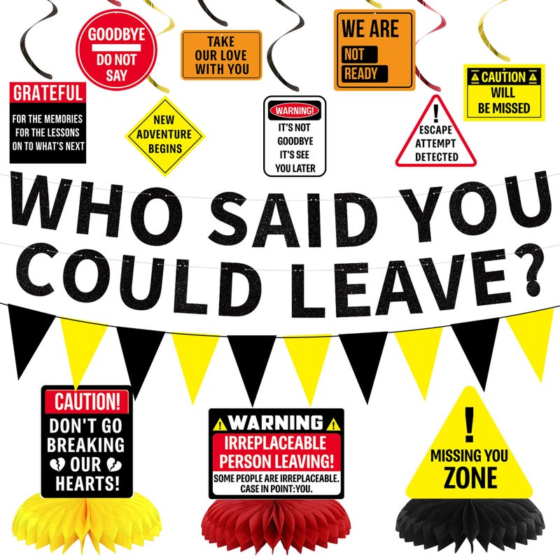 Roetyce Farewell Party Decorations Men Women, Caution Who Said You Could Leave Banner Hanging Swirl Centerpieces, Going Away Retirement Goodbye Party Supplies, Coworker Miss You Leaving Photo Backdrop - Image 1