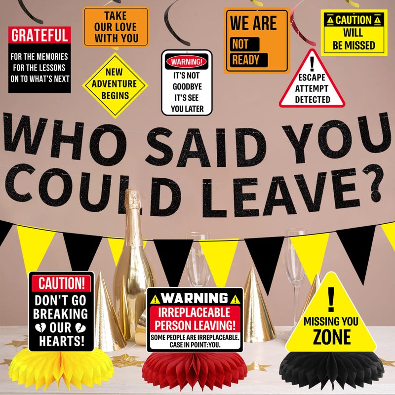 Roetyce Farewell Party Decorations Men Women, Caution Who Said You Could Leave Banner Hanging Swirl Centerpieces, Going Away Retirement Goodbye Party Supplies, Coworker Miss You Leaving Photo Backdrop - Image 4