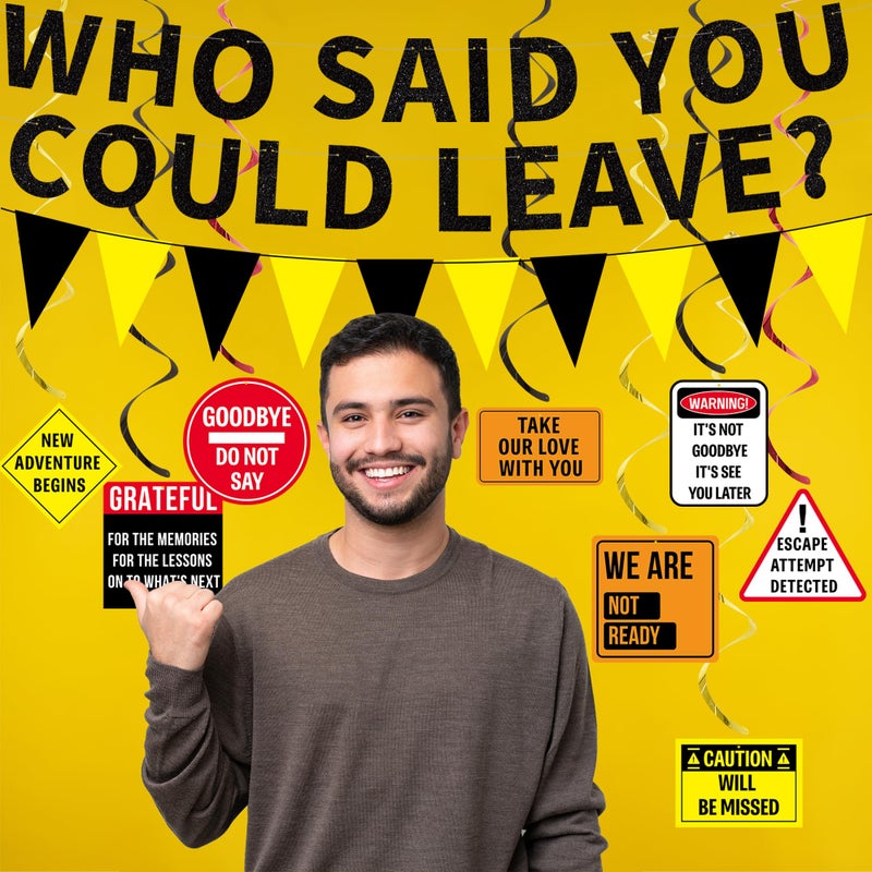Roetyce Farewell Party Decorations Men Women, Caution Who Said You Could Leave Banner Hanging Swirl Centerpieces, Going Away Retirement Goodbye Party Supplies, Coworker Miss You Leaving Photo Backdrop - Image 3